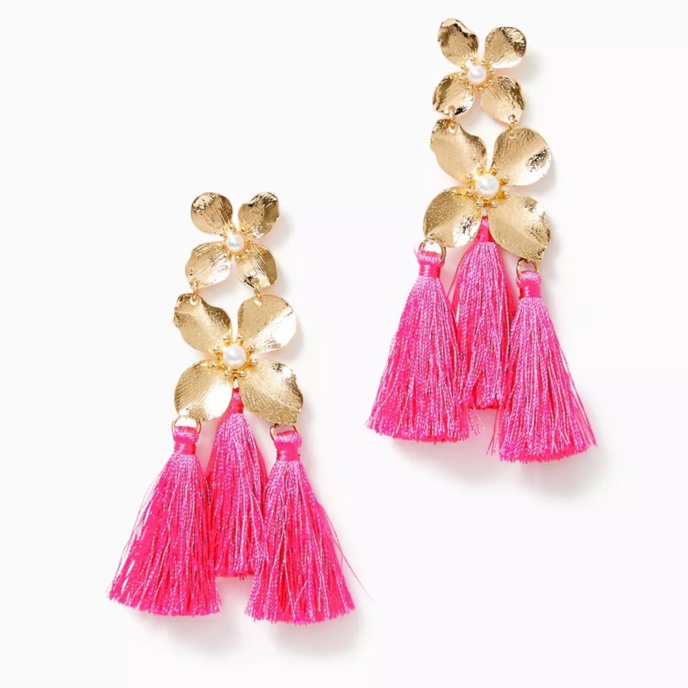 Lilly Pulitzer Via Flora Tassel Earrings Hot Pink Orchid Flower Dogwood Petal
